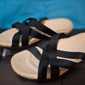 Crocs Women's Black Fabric Straps with Tan Sole - Size W9 - EUC